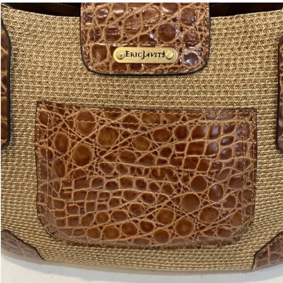 Eric Javits New York Tan Raffia & Leather Reptile Print Shoulder Bag - Picture 3 of 10